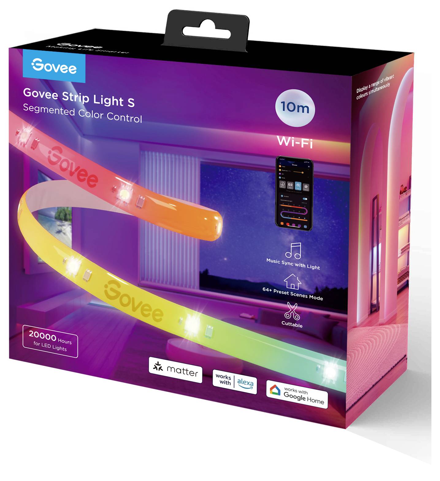 Packaging for a Govee LED Strip Light; displays multi-coloured lights, smartphone app control, Wi-Fi, 10m length.