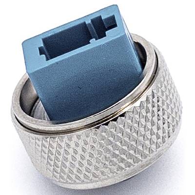 A blue M12 connector with metal threading, commonly used in industrial applications for secure signal transmission.