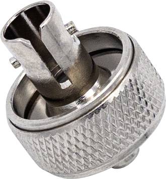 A silver coaxial plug with a ribbed surface, suitable for transmitting radio and television signals.