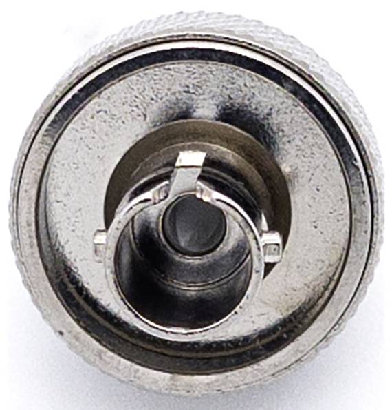 Round, metallic socket connector with threaded fixing and internal contact.