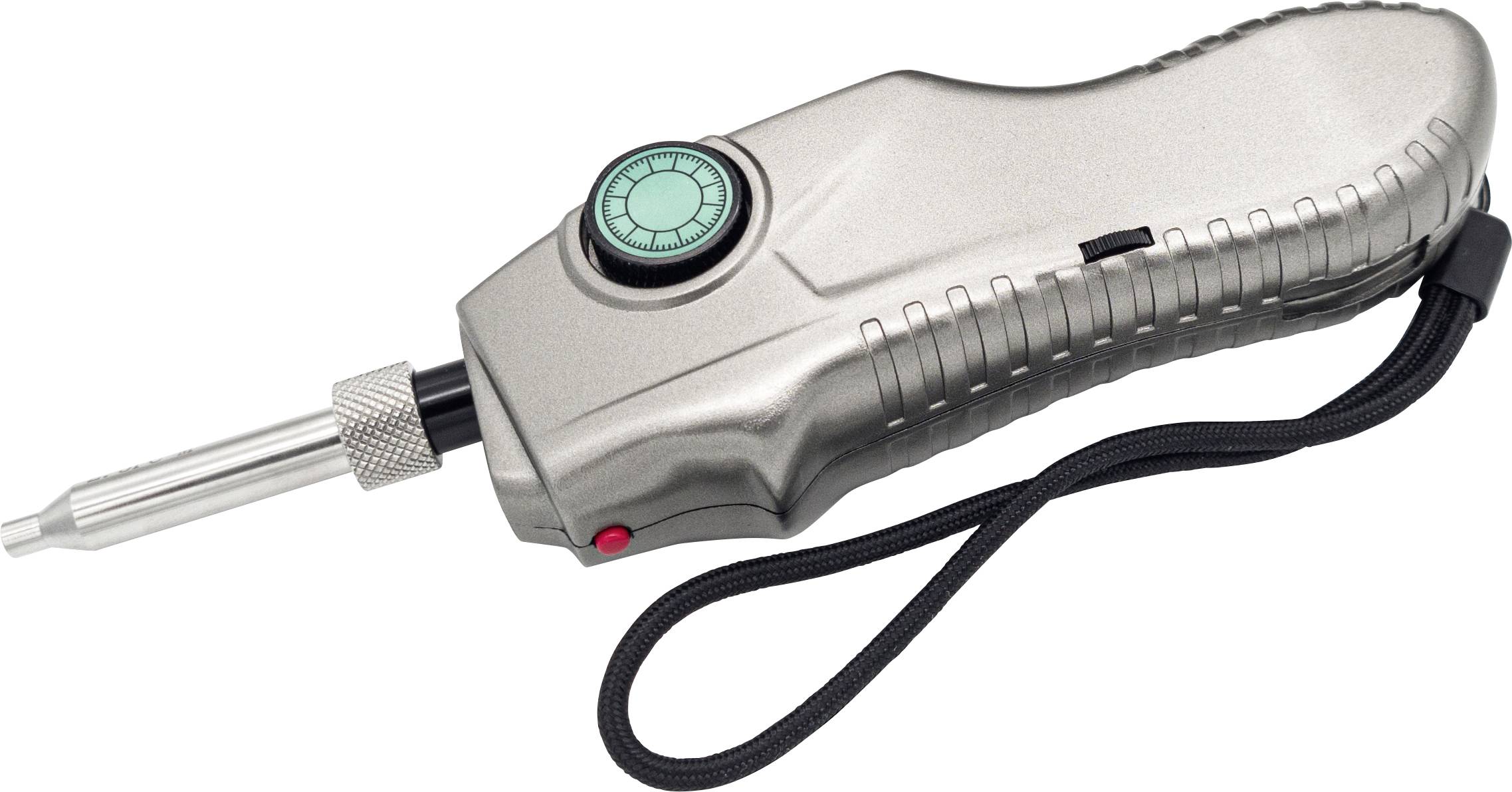 A silver, cordless soldering iron with a black strap. It has a blue rotary dial and a pointed metal tip.