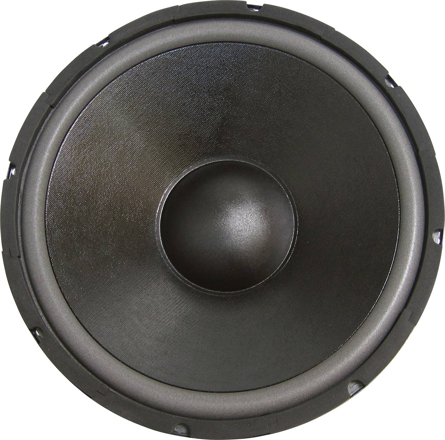 Loudspeaker membrane in close-up, with a black surface featuring a round, slightly curved central point.