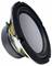 A black speaker with a silver rim and gold-coloured accent is shown from the side.