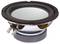 Loudspeaker woofer with silver membrane and connections, side top view, for audio systems.