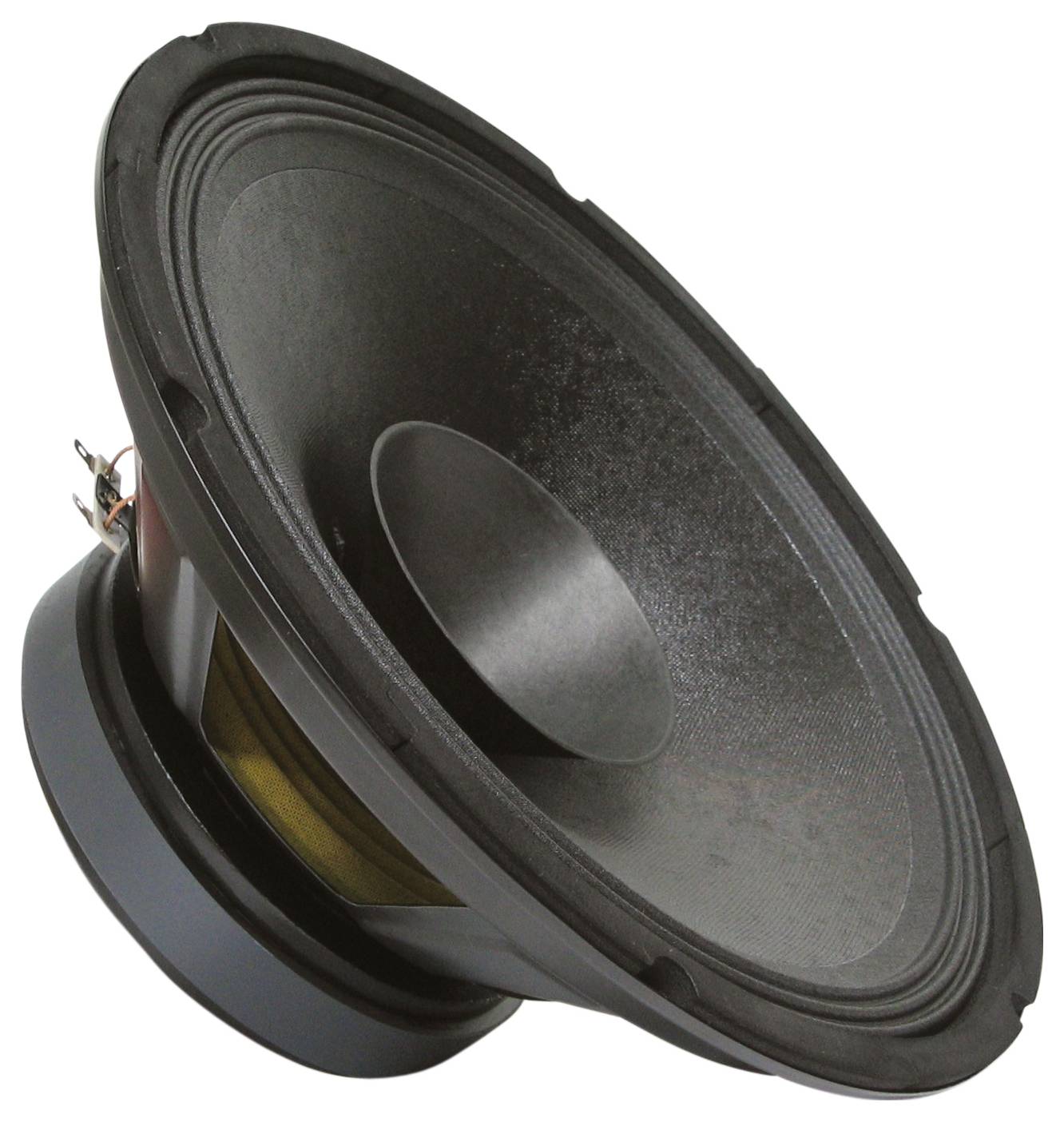 A black loudspeaker with a conical design and visible connections on the rear, suitable for audio systems.