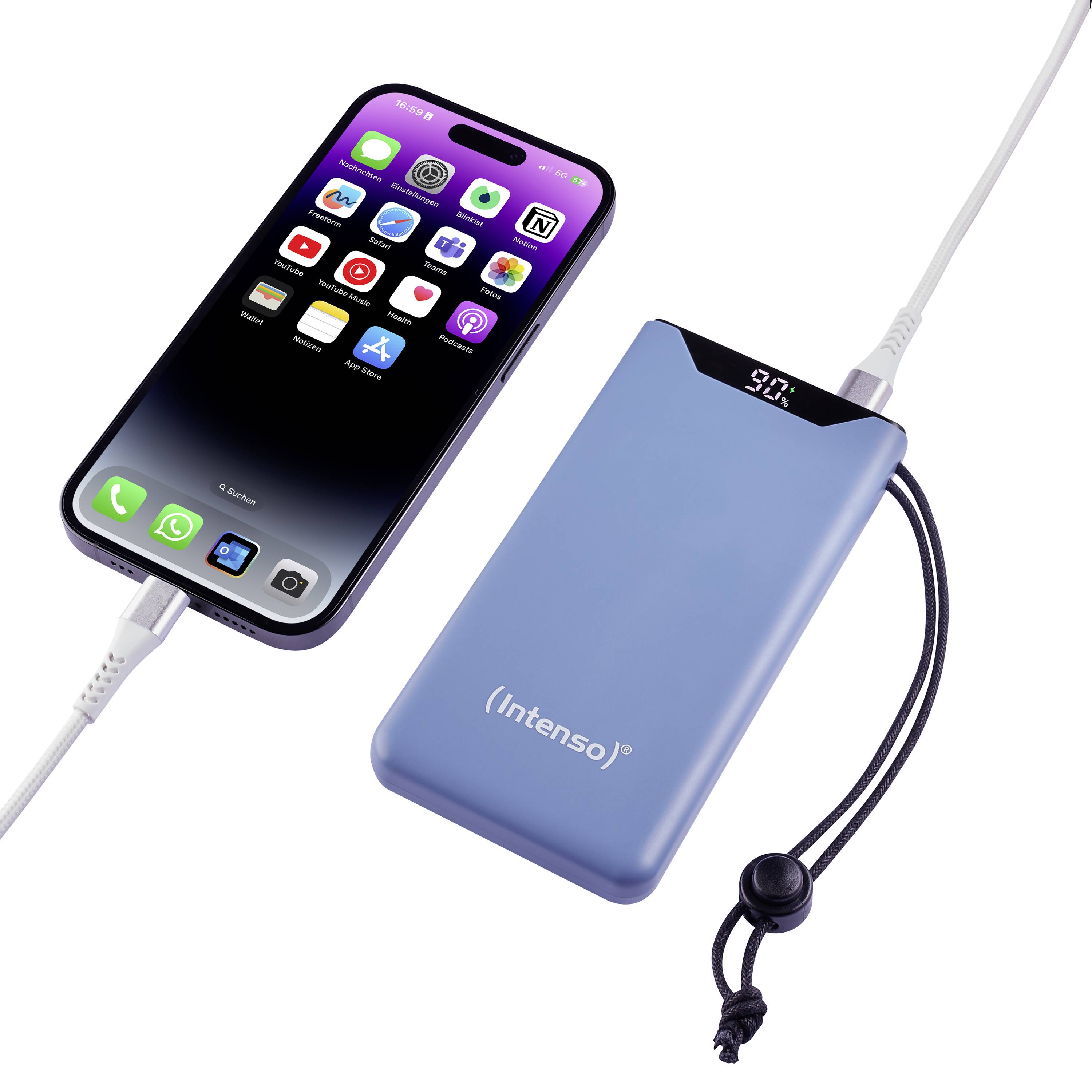 Smartphone with a charged screen, connected to a portable blue Intenso power bank that displays the charging status.