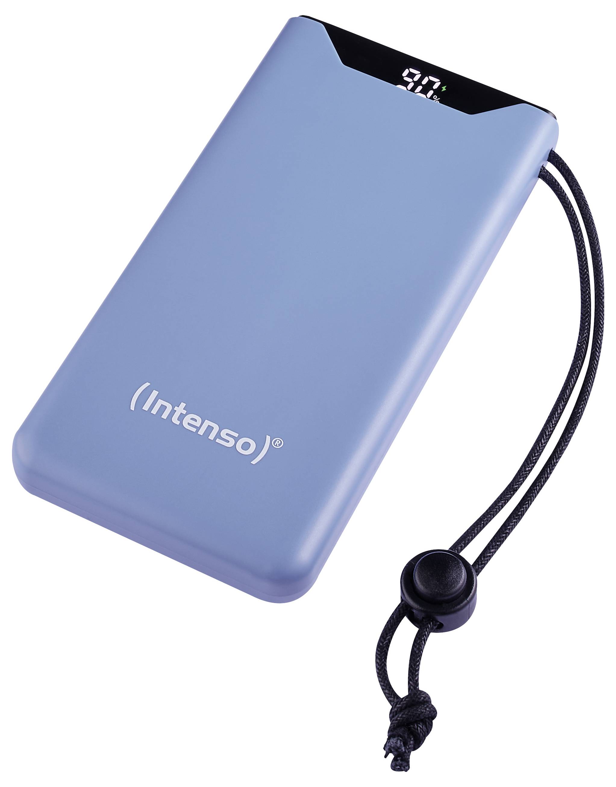 Blue power bank with Intenso logo and digital charging display on the top surface; a strap is attached at the corner.