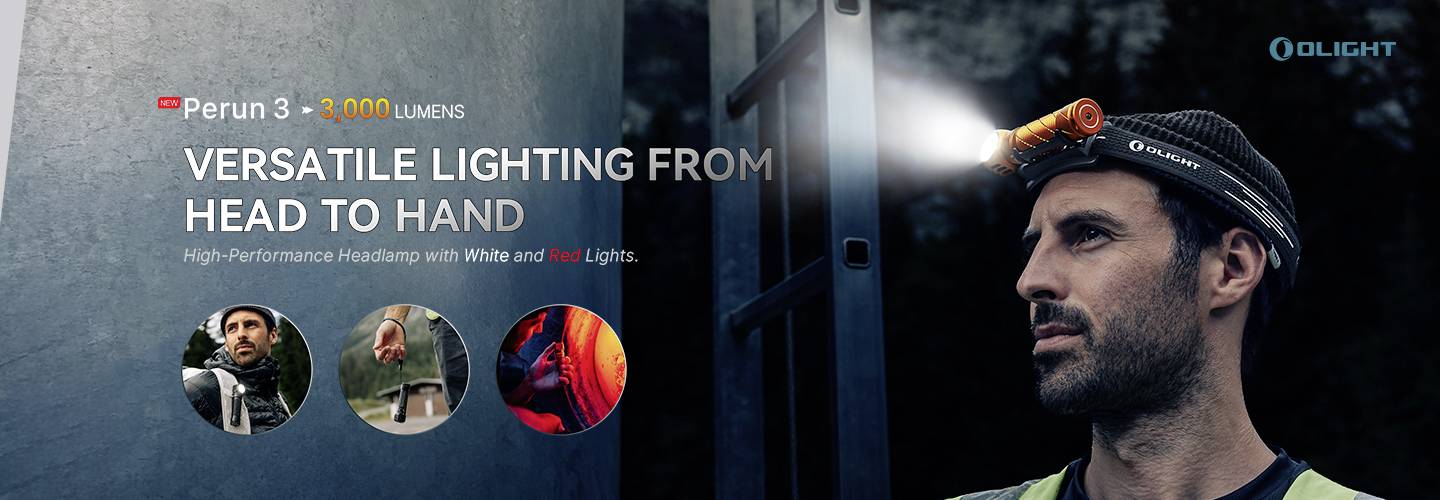 Man wears head torch with bright light beam, text: 'Perun 3 – 3,000 Lumens. Versatile lighting from head to hand.'