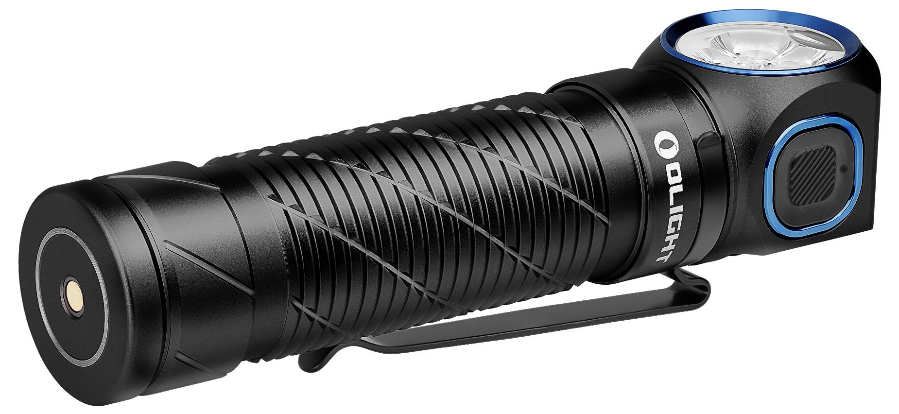 Black torch with blue accent and spiral-grip texture, side switch and clip for easy attachment.