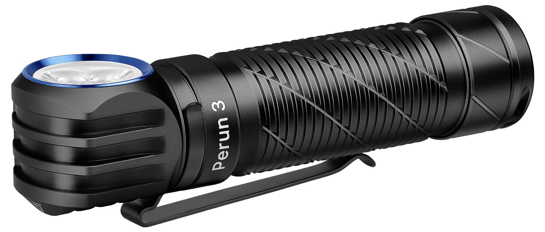 A black, portable LED torch with blue accents and the inscription 'Perun 3' on the side. It has a clip for attachment.<br><br>Note: In British English, "torch" is typically used instead of "flashlight", and other phrasings reflect natural British usage.