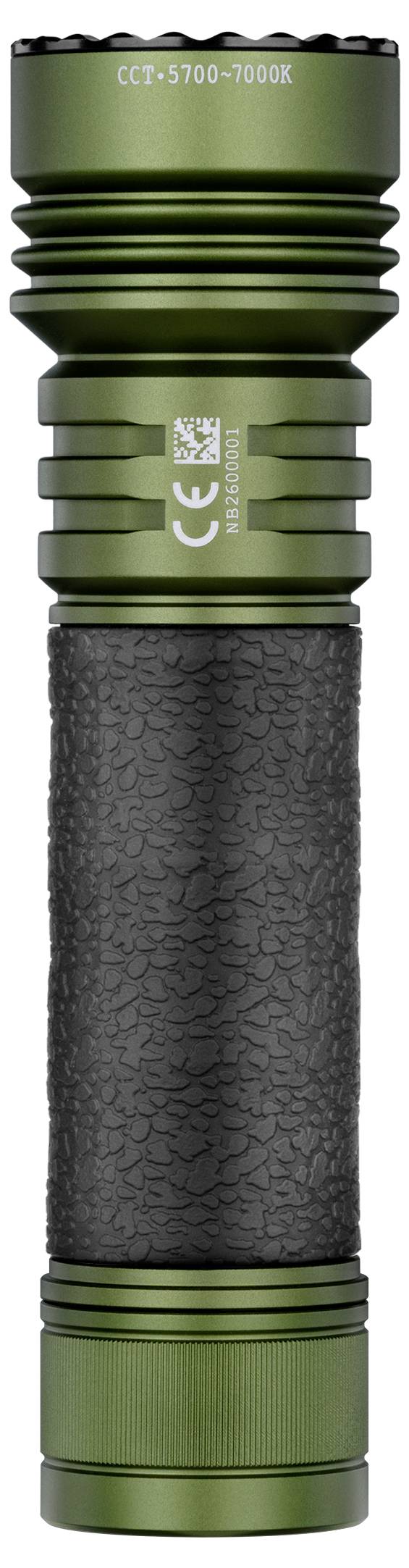 A green metal torch with a ribbed black handle. White lettering and a QR code are visible on the top.