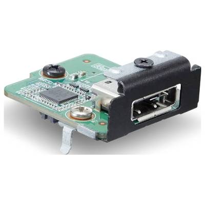 A green circuit board with a USB port, screws, and a microchip, used for electronic devices or computer applications.