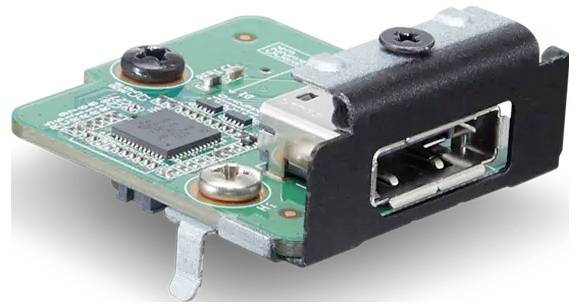 Close-up of a green electronic circuit board with a USB socket and several silicon chips, with screws visible.