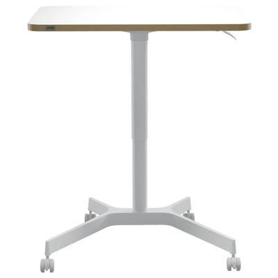 A height-adjustable table on castors with a rectangular wooden top and sturdy metal frame. Suitable for flexible office applications.