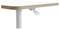 A height-adjustable desk with a white, rounded tabletop and a lever for height adjustment.