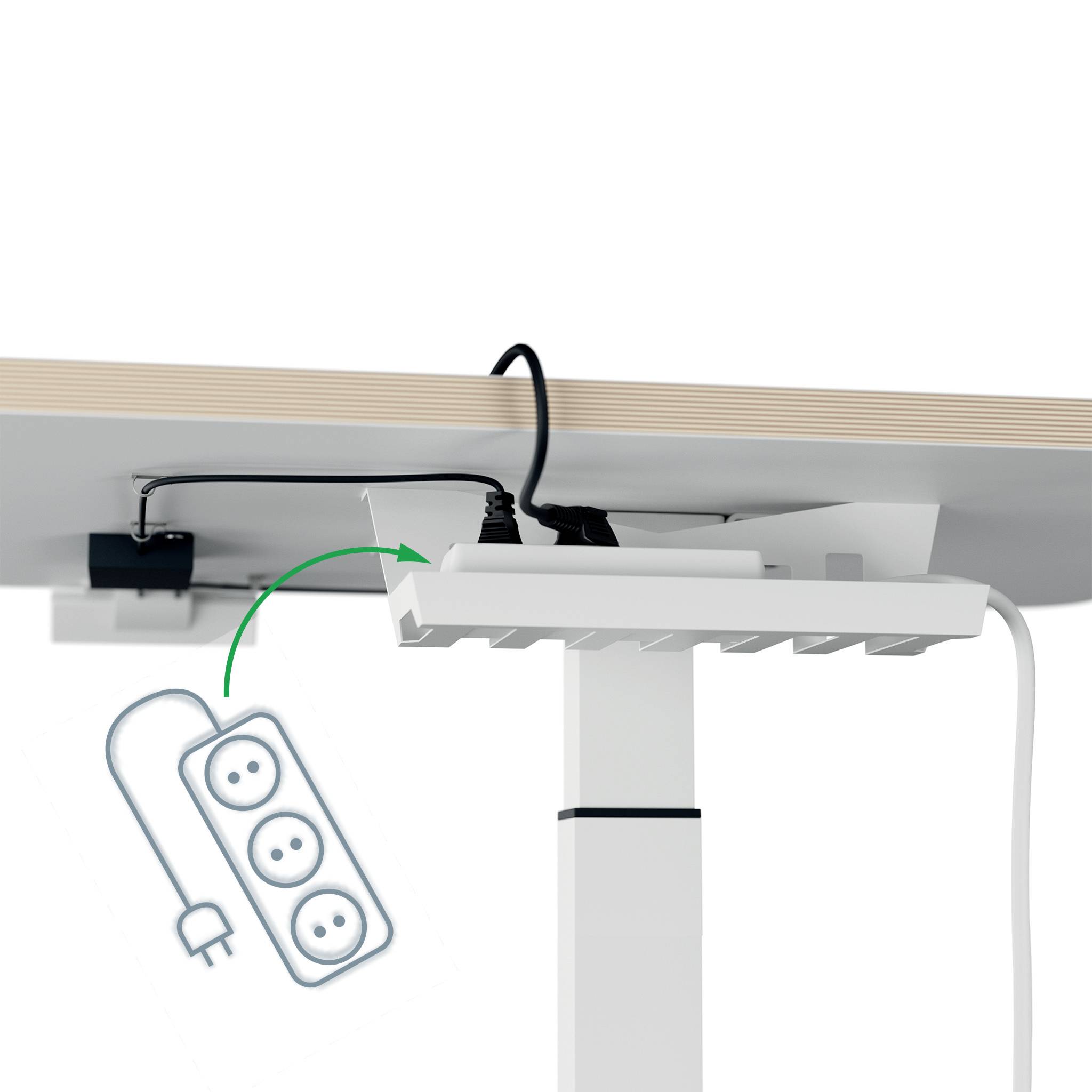 Underside of an adjustable desk with a cable management system and power socket for enhanced cable organisation.
