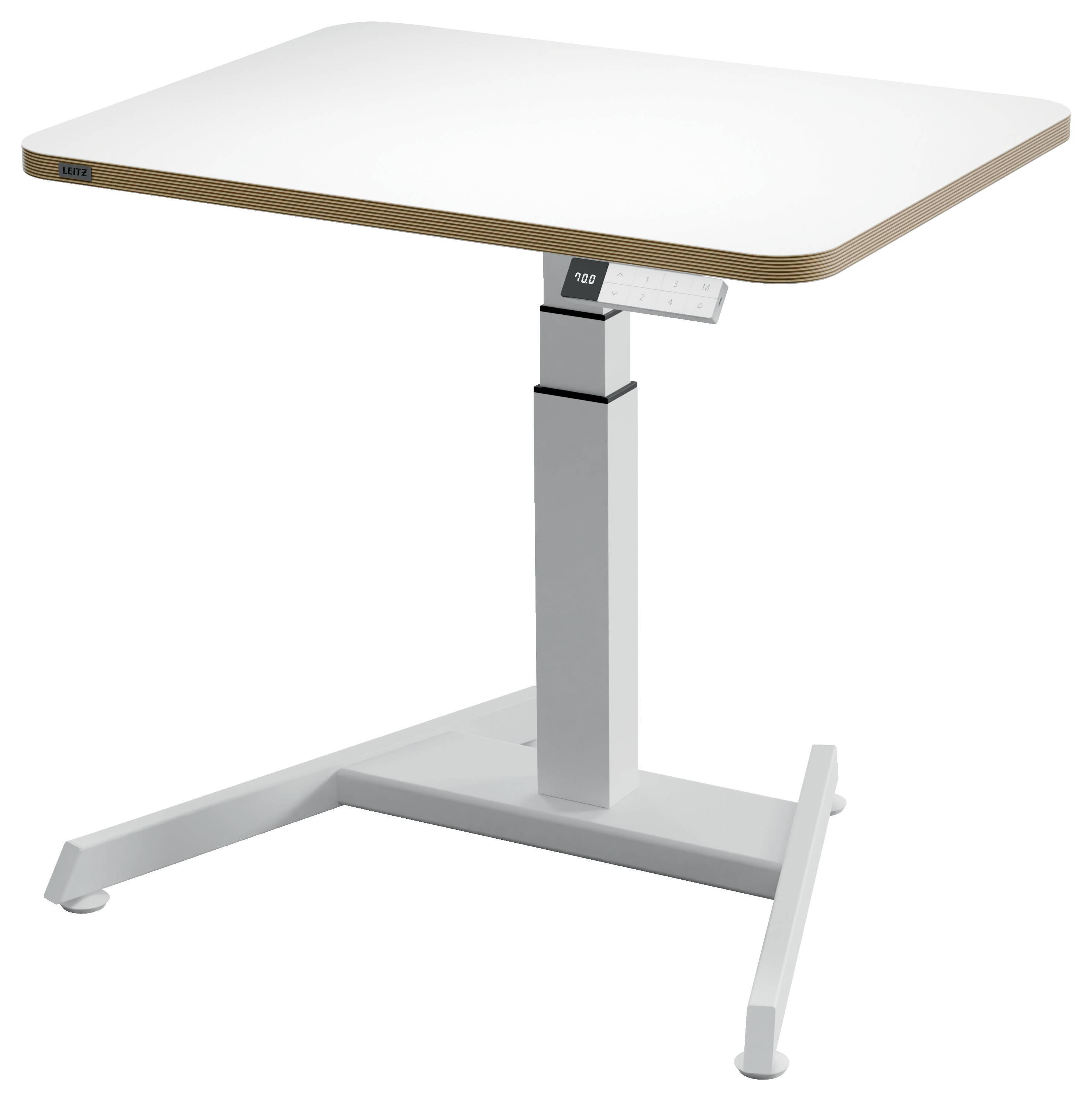 Height-adjustable desk with a rectangular, light-coloured tabletop and sturdy metal legs, suitable for flexible work environments.