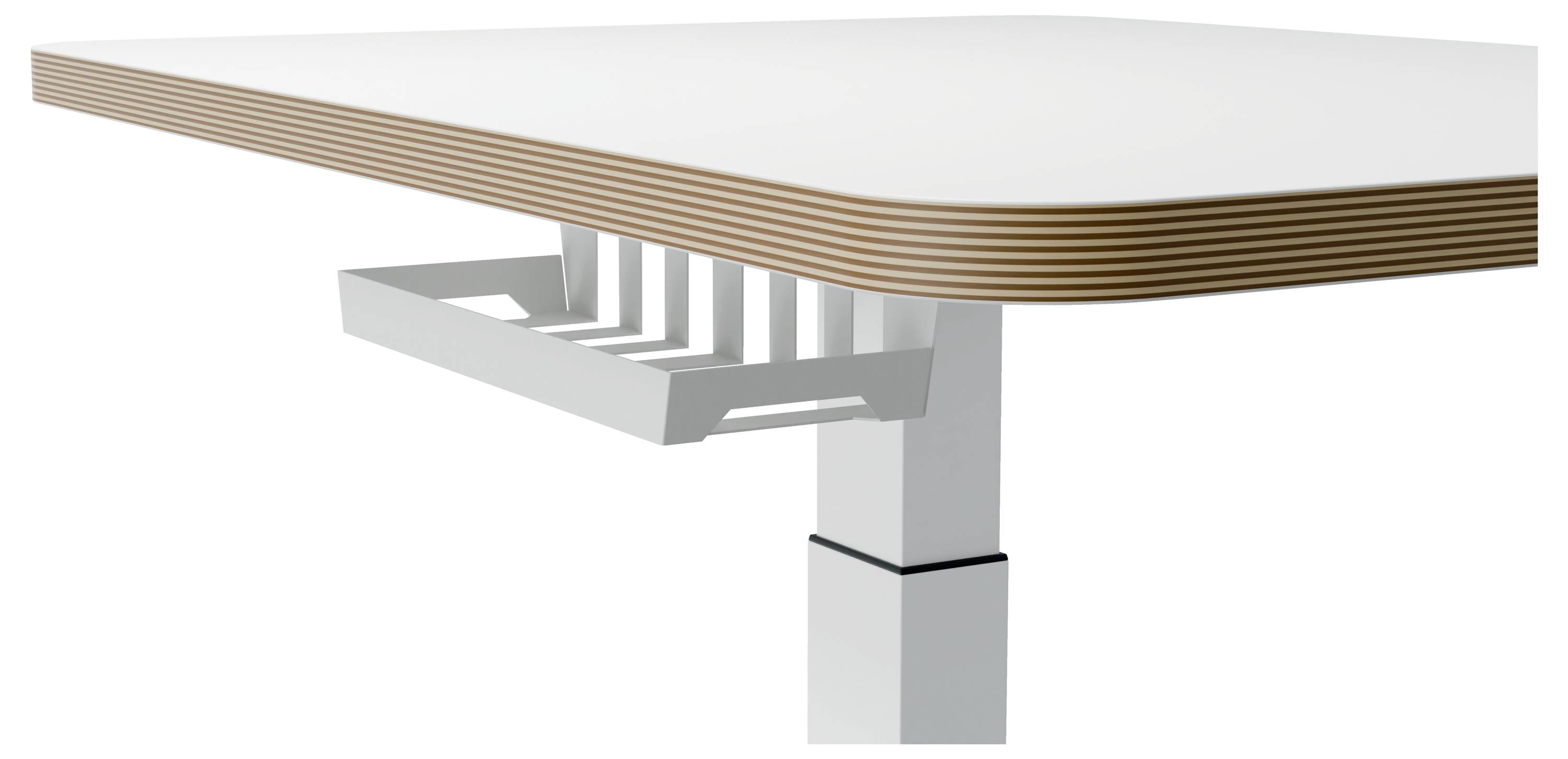 A table with light wood veneer and a white surface. Underneath the tabletop, there is a compartment for cable management.