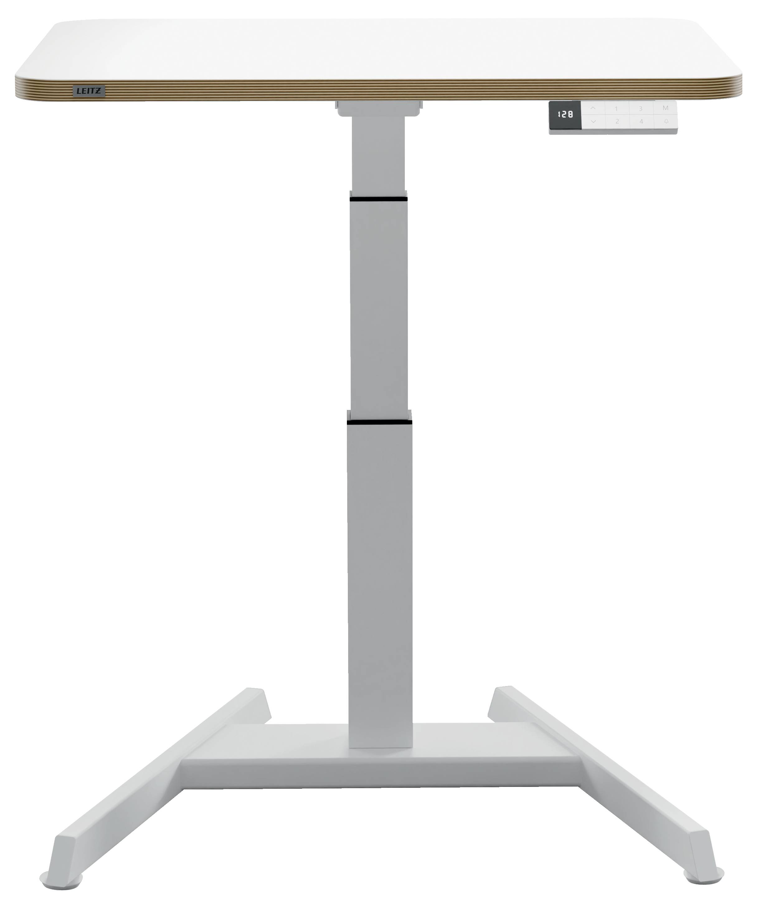 Height-adjustable desk with a digital control panel on the right side. Light-coloured desktop and sturdy frame.