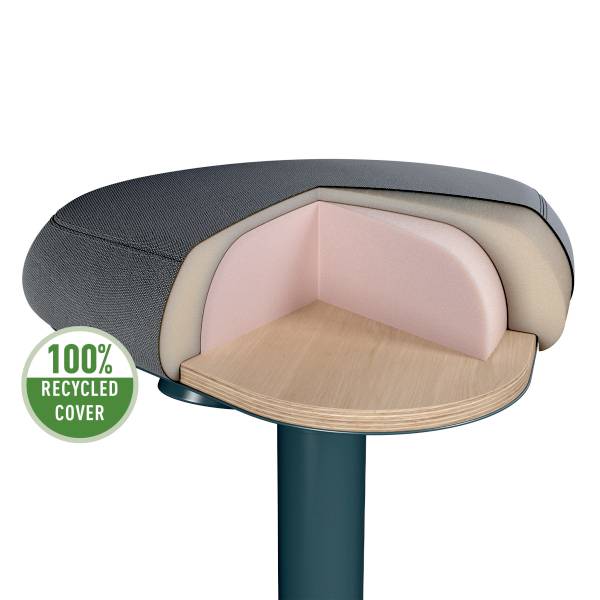 Cross-section of a seat with upholstery and wooden base, alongside a green emblem reading '100% recycled cover', highlighting sustainability.