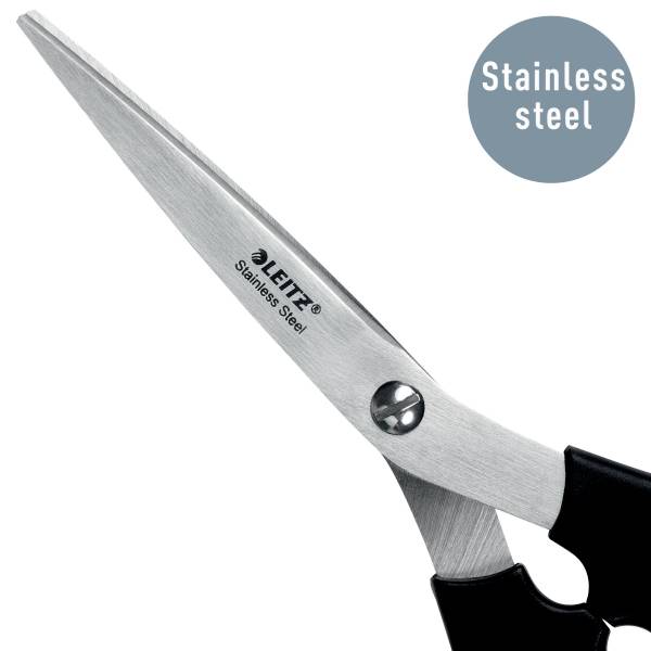 The illustration shows a metal pair of scissors with the inscription 'Stainless Steel'.