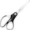 A black and white pair of scissors with ergonomic handles, angled slightly to the right.