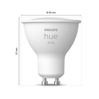 A Philips Hue White LED lamp, GU10 fitting, height 57 mm, diameter 50 mm, suitable for smart home lighting.