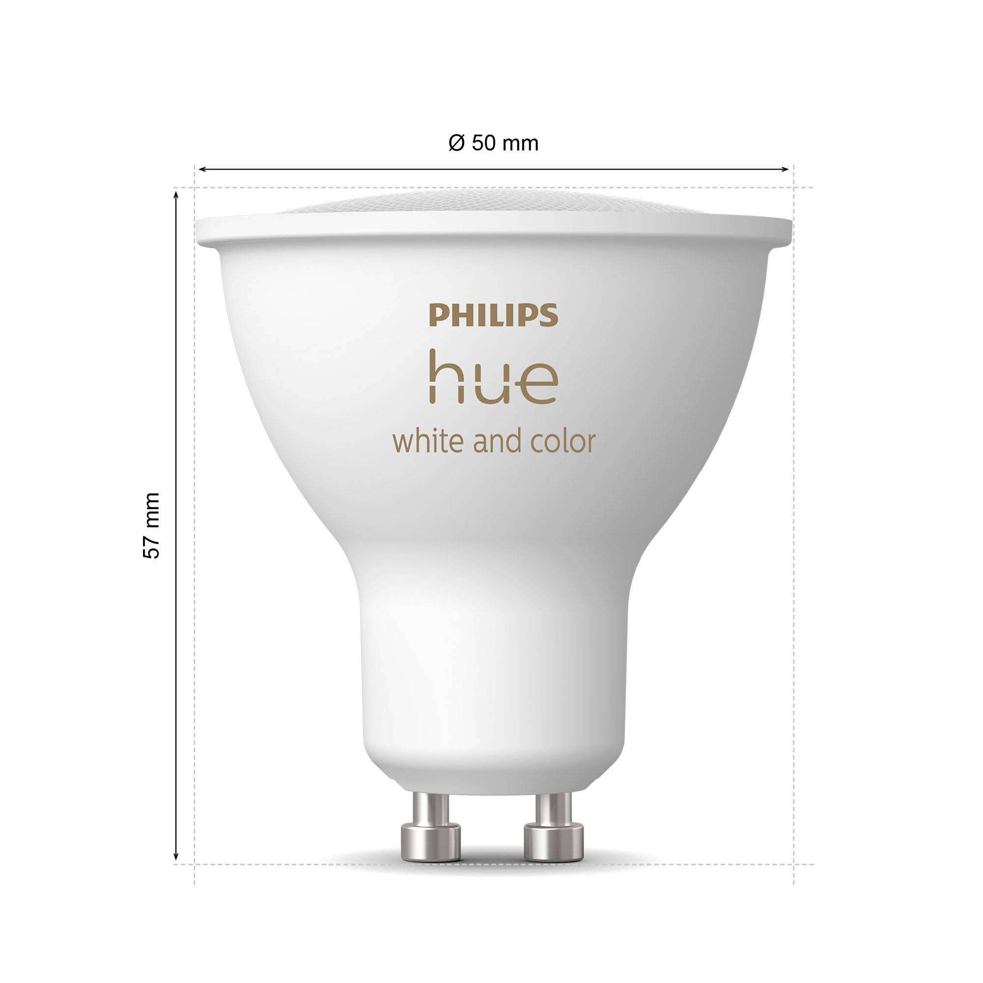 Philips Hue white and colour LED lamp with GU10 fitting, 50 mm diameter, 57 mm height. Controllable in white and coloured light.