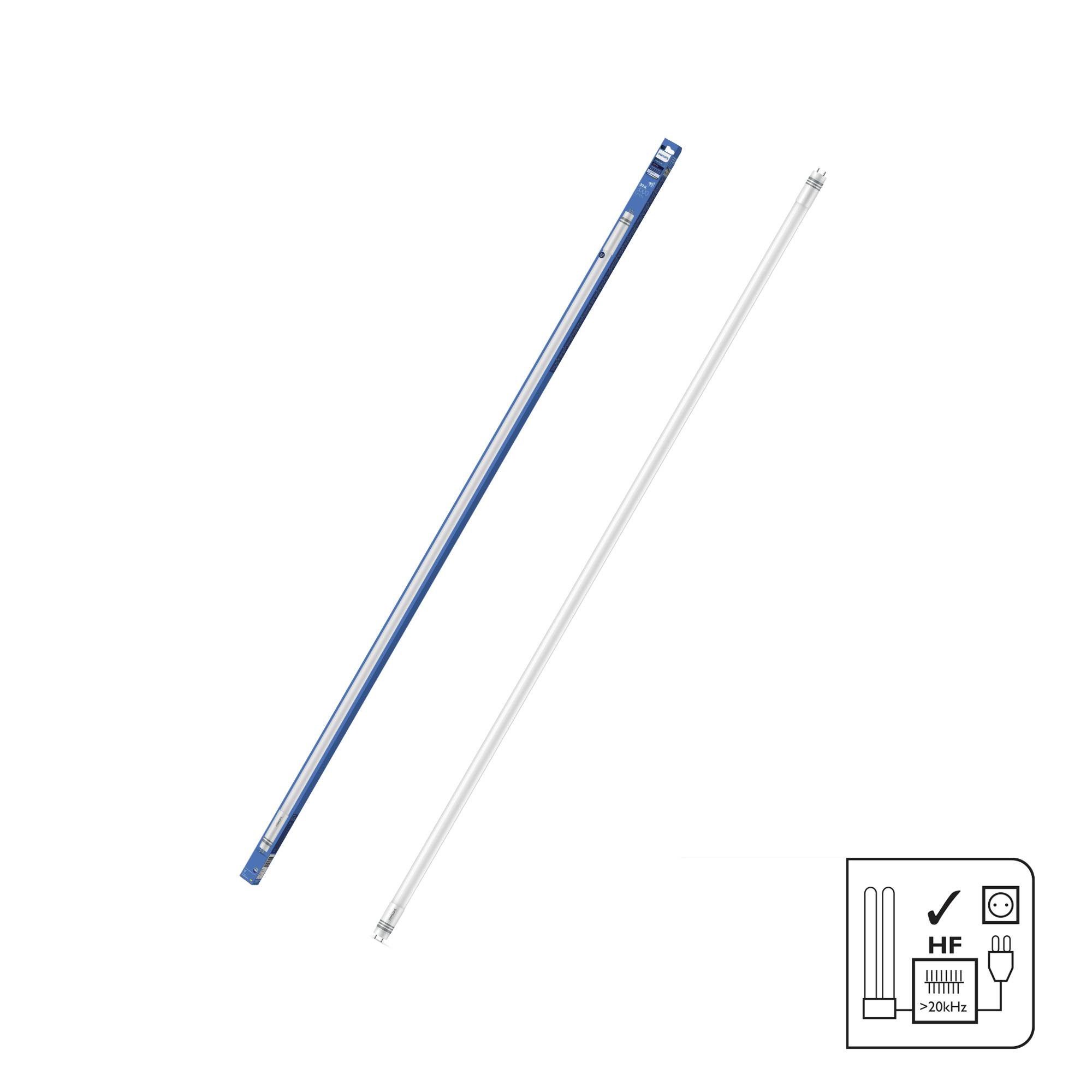 Two fluorescent tubes compared: on the left with blue design, on the right in standard white. Bottom right, a symbol for high-frequency operation (HF).