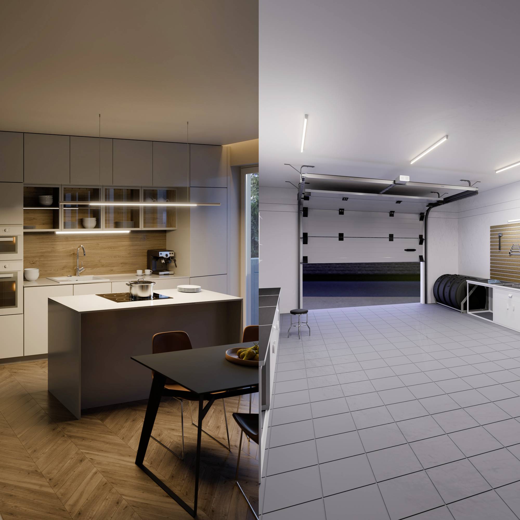 Modern kitchen on the left, large garage door on the right. Kitchen with island table and chairs; garage spacious, open door reveals driveway.