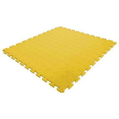 Yellow, square plastic mat with circular raised sections designed to interlock. It shows a puzzle piece edge.