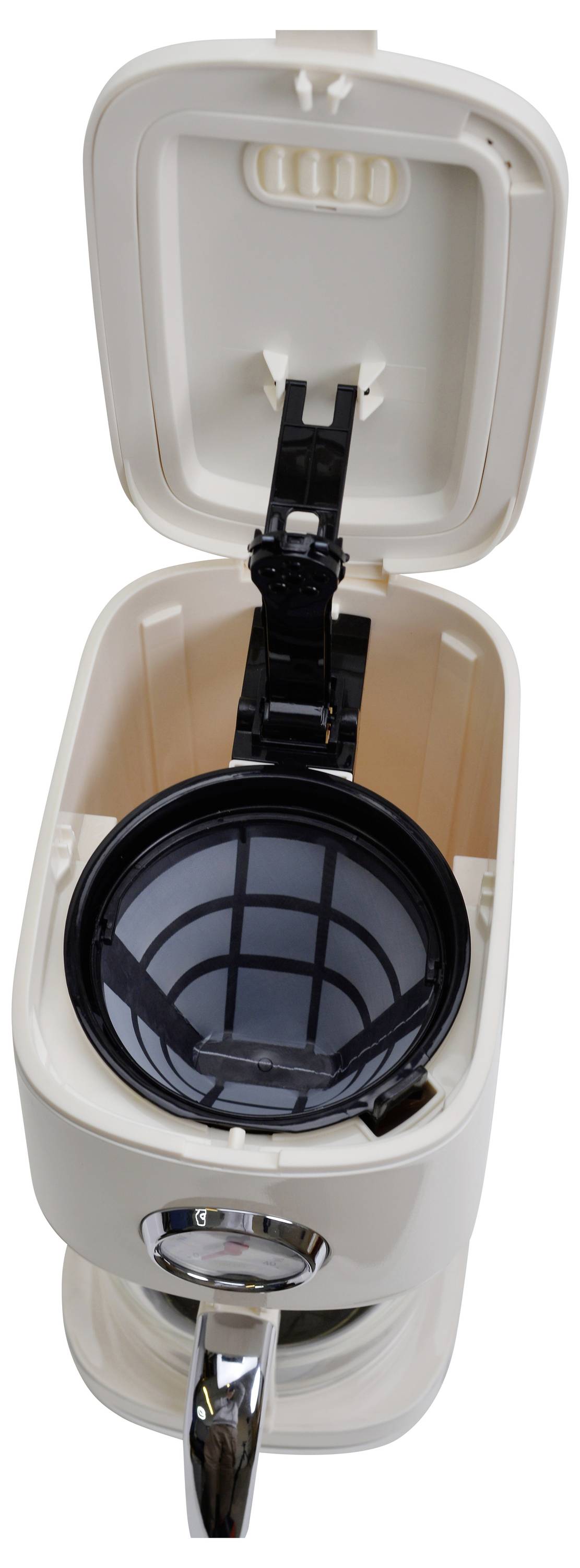 An open kettle with an integrated filter. The lid is raised, with the filter visibly inserted in the water reservoir.