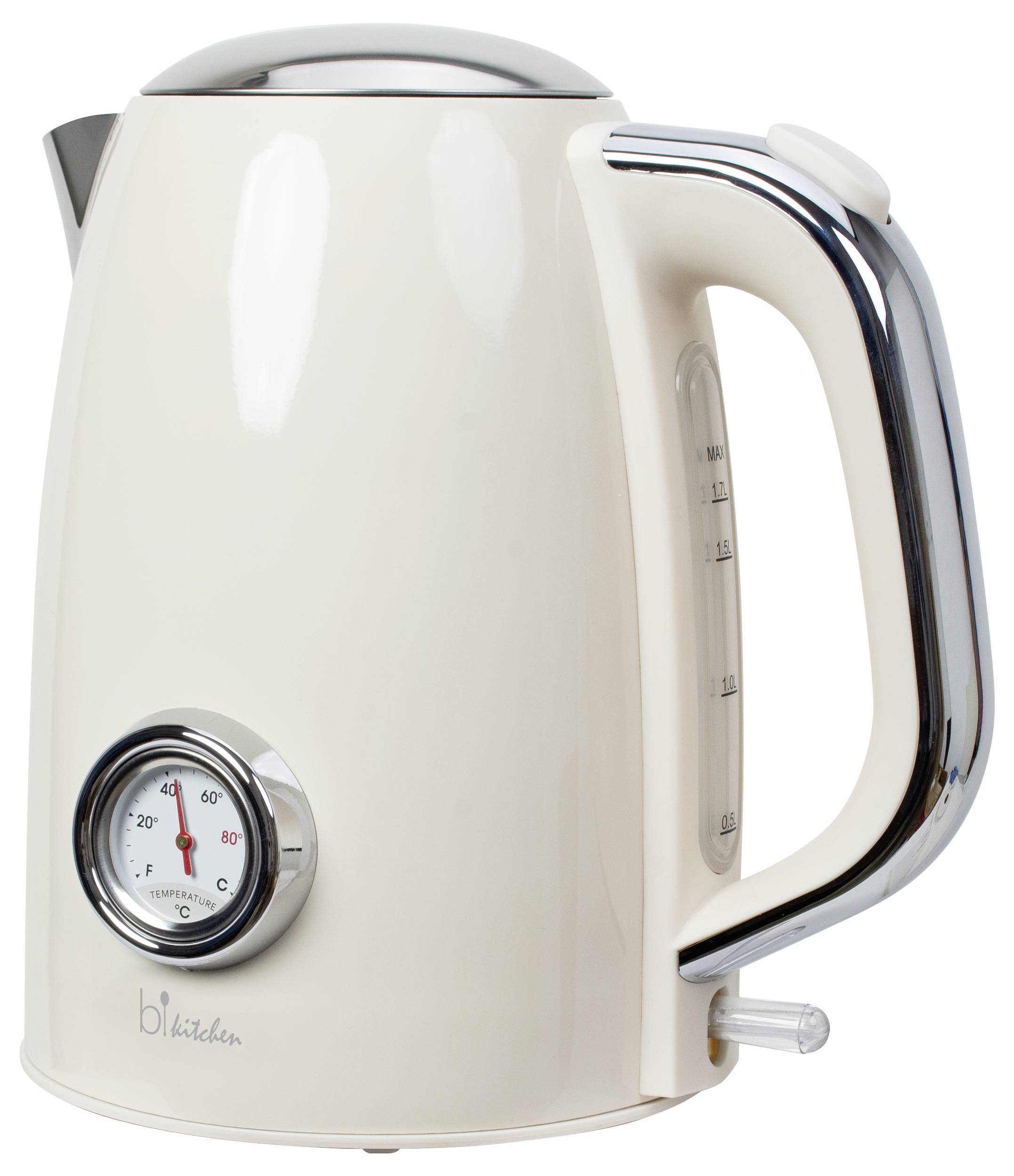 Electric kettle with a cream-coloured casing, chrome-plated handle, and integrated temperature indicator on the side, displaying readings in Celsius and Fahrenheit.