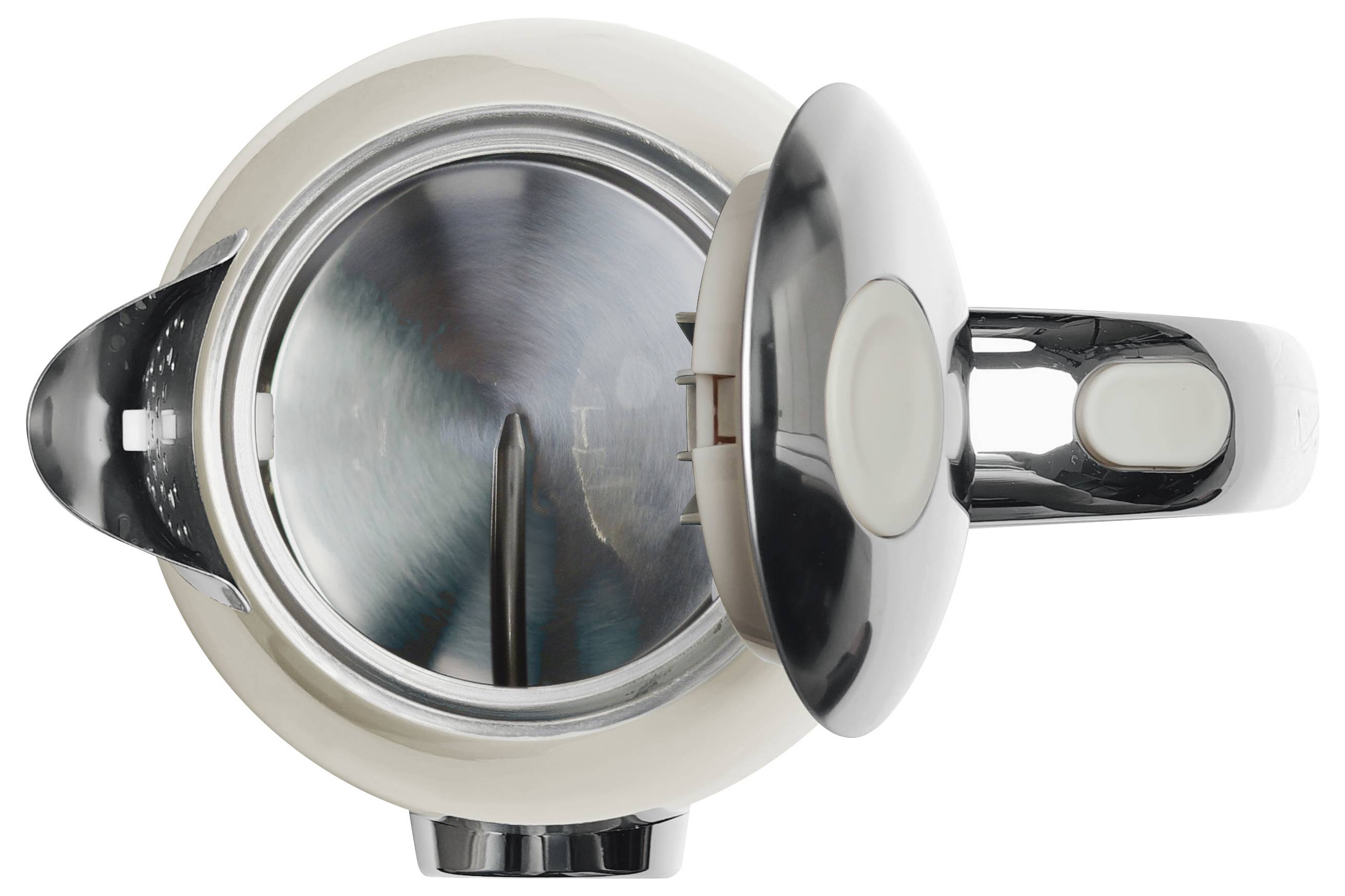 A stainless steel kettle, viewed from above with the lid open, reveals its gleaming interior and spout.