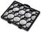 A rectangular air filter with a hexagonal plastic mesh that secures a white filter, displaying visible structure and design.