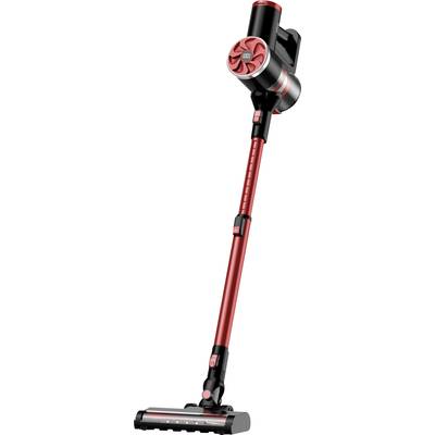 A red cordless stick vacuum cleaner with the motor on top and brush head at the bottom, suitable for household cleaning on carpets and hard floors.