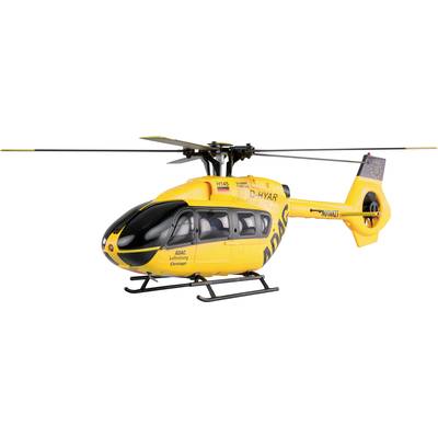 Yellow helicopter with 'ADAC' written on the side. It is in operation for rescue missions and has rotating rotor blades.