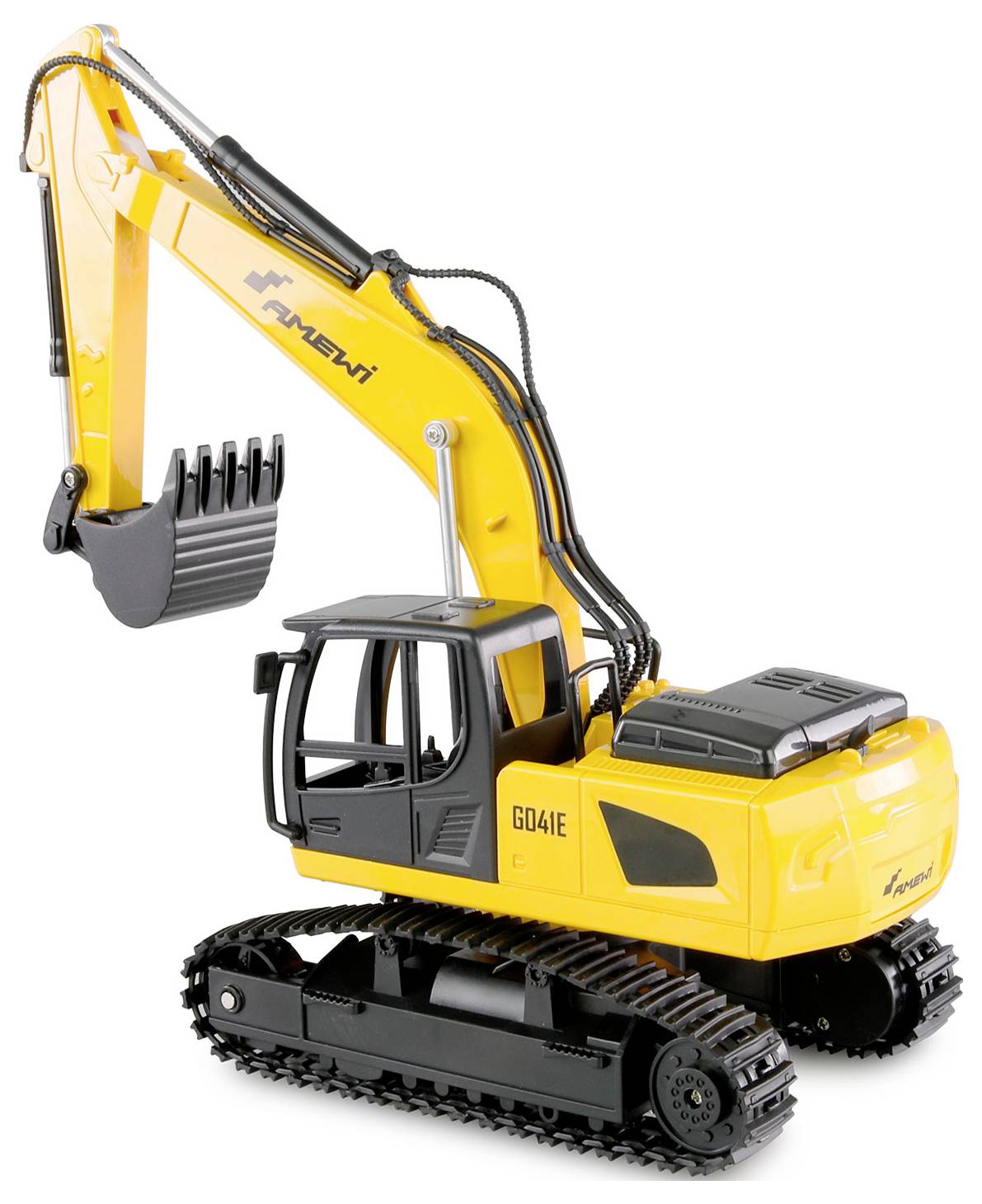 A yellow toy digger on a white background, with black tracks and details. Perfect for children to role-play construction sites.