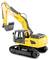 A yellow toy digger on a white background, with black tracks and details. Perfect for children to role-play construction sites.