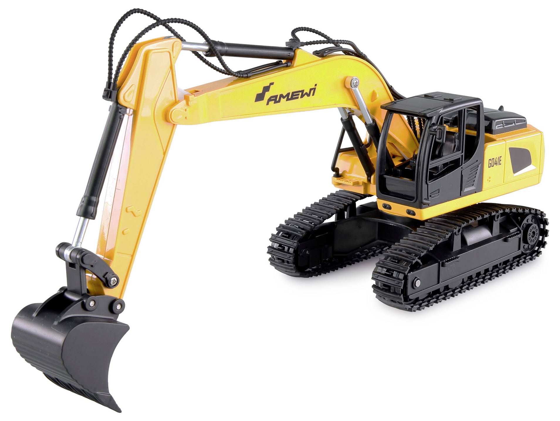 A yellow toy excavator model with a movable arm and tracks, depicted against a white background.