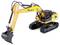 A yellow toy excavator model with a movable arm and tracks, depicted against a white background.