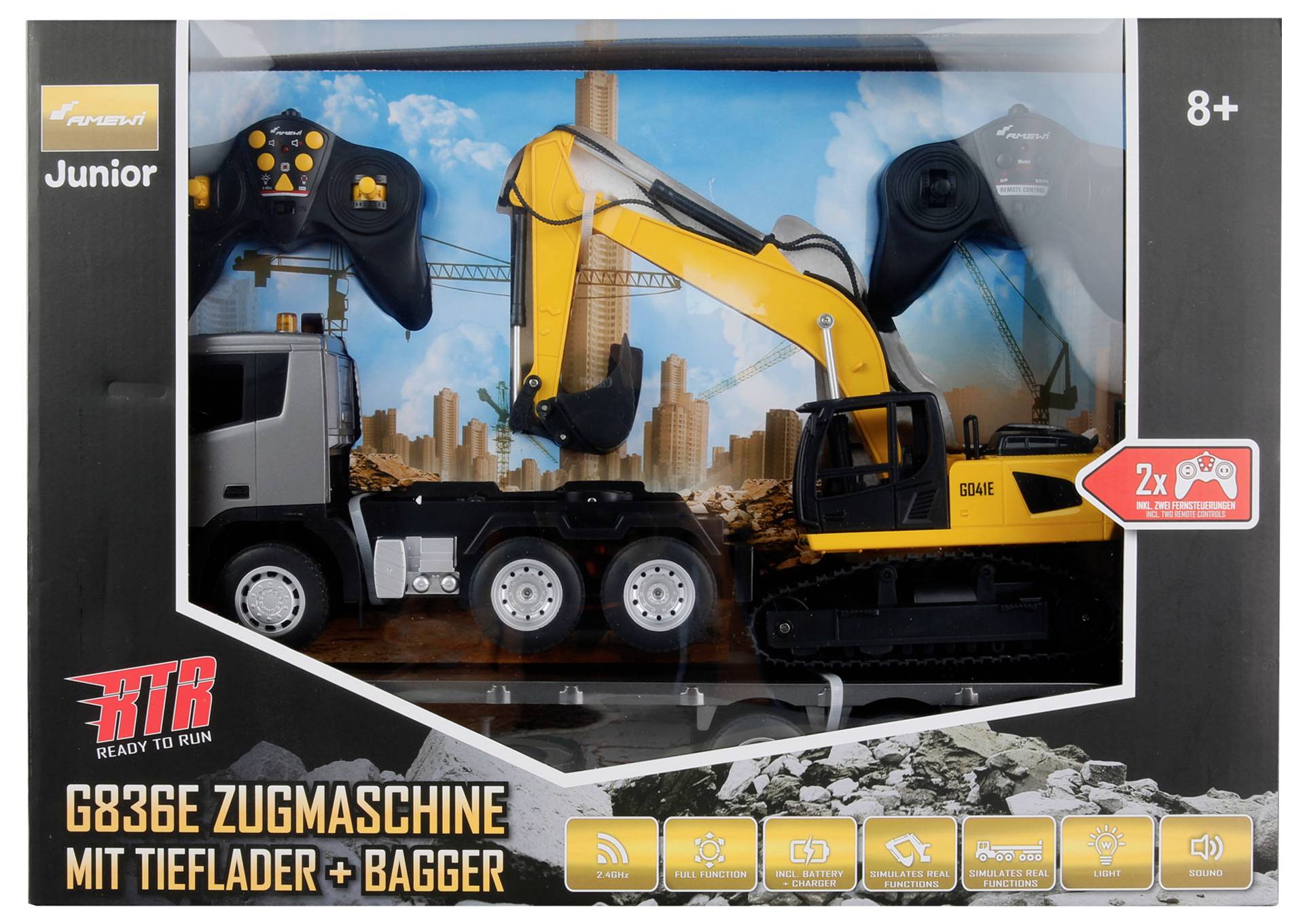 Toy packaging with digger and lorry illustration, controls, age recommendation 8+, 'Ready to Run' note and additional play details.