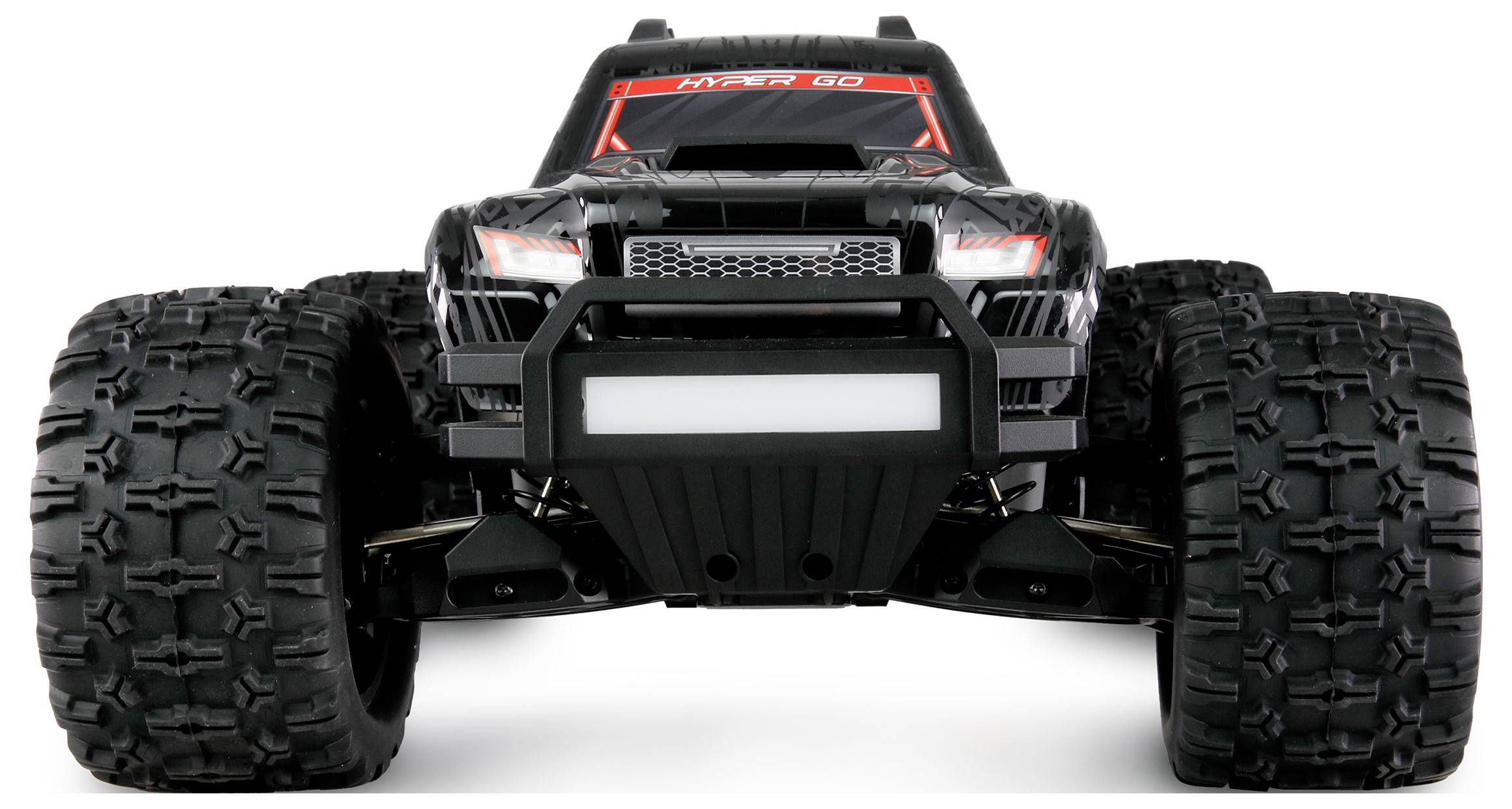 Remote-controlled black toy car with large, chunky tyres, viewed from the front.