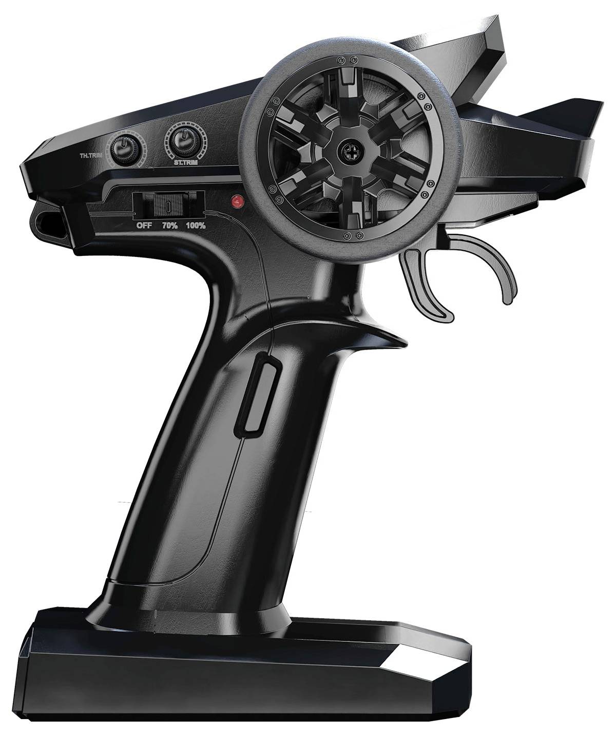 A black radio controller with a large control wheel and multiple switches, suitable for controlling remote-controlled vehicles.