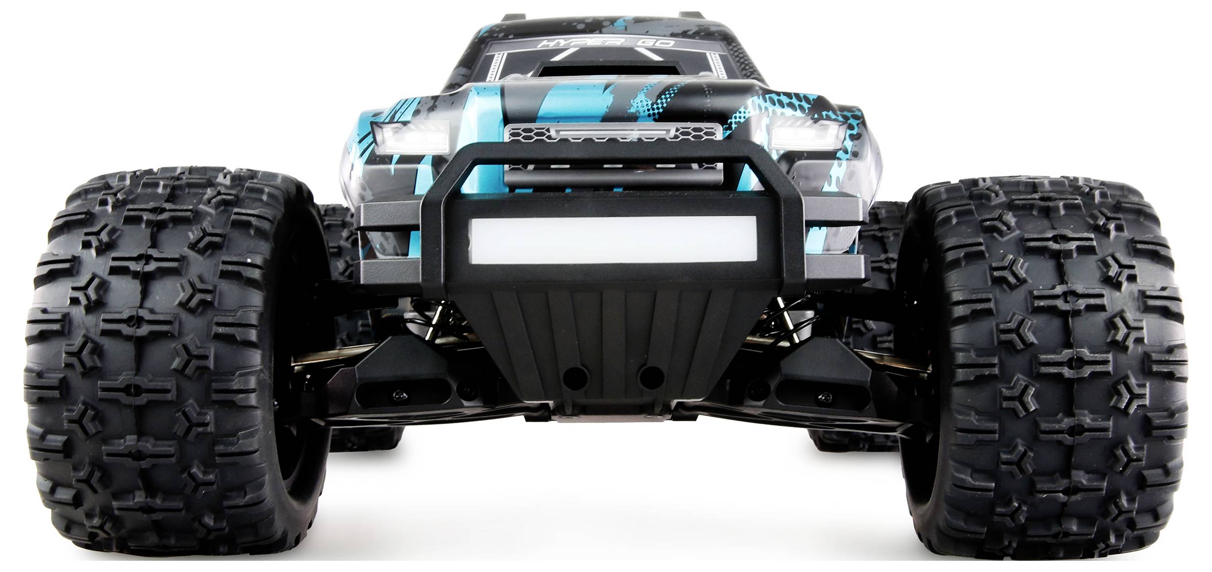 Remote-controlled car on a white background, with large, chunky tyres and a blue-black pattern on the bodywork.
