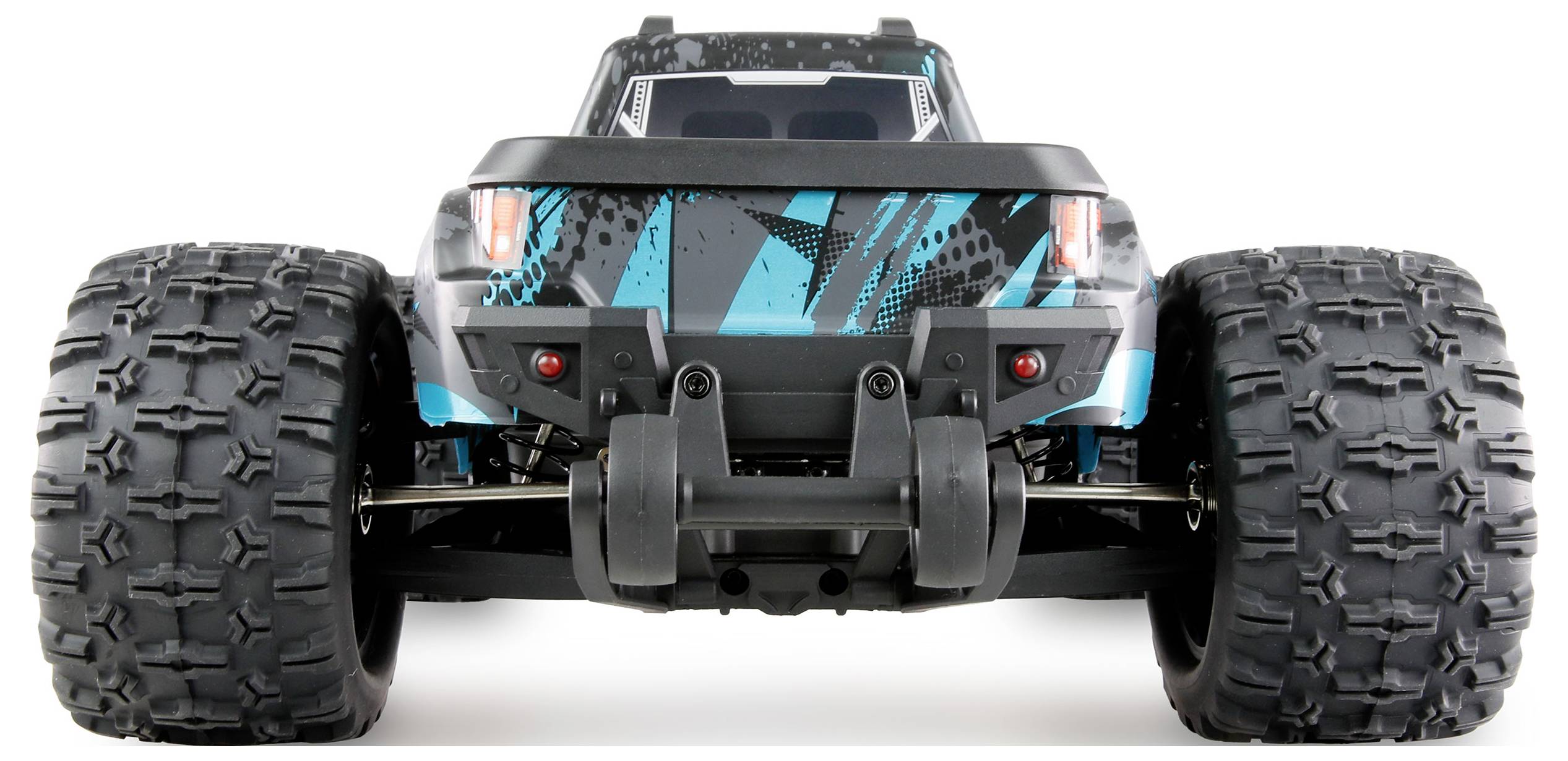 Remote-controlled car with large tyres and blue patterning viewed from behind, shows robust construction and off-road design.