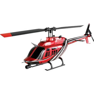 Red toy helicopter model on a white background, with black and silver stripes, viewed from the side and slightly from above.
