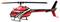 Red toy helicopter model with black and white stripes, visible rotor blades and skids, against a white background.