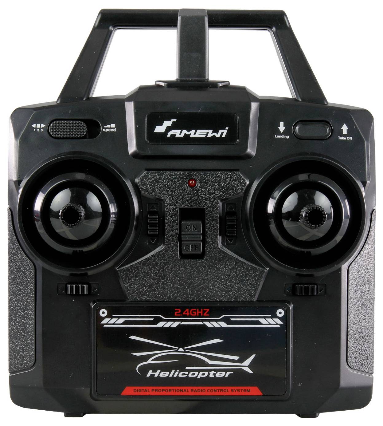 Black remote control transmitter with two control sticks and buttons for helicopter control, brand 'Amewi', frequency 2.4GHz.