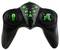 Black gaming controller with green buttons and joysticks, with a joystick on the left and right, and green function buttons in the centre.
